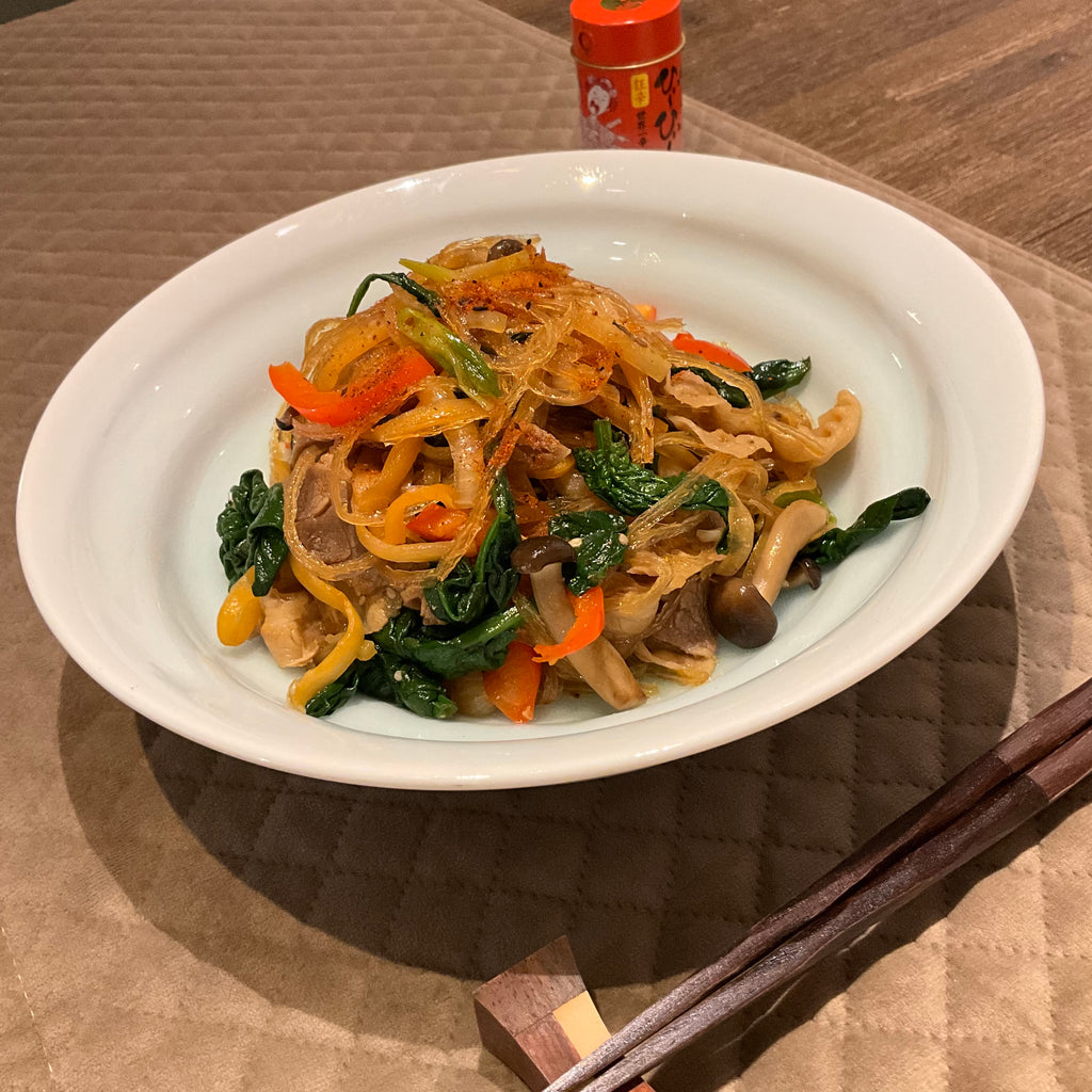 Korean Japchae with Kanten Noodles (韓国風チャプチェを寒天麺で)
